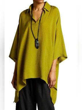 Eskandar Chartreuse Light Weight Silk Collared V-Neck 40” Long Tunic Top Size 1
